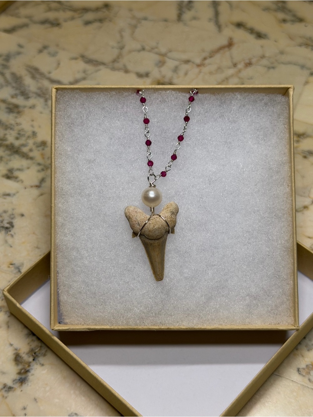 Handcrafted Beige Shark Tooth Pendant Necklace with Pearl Accent